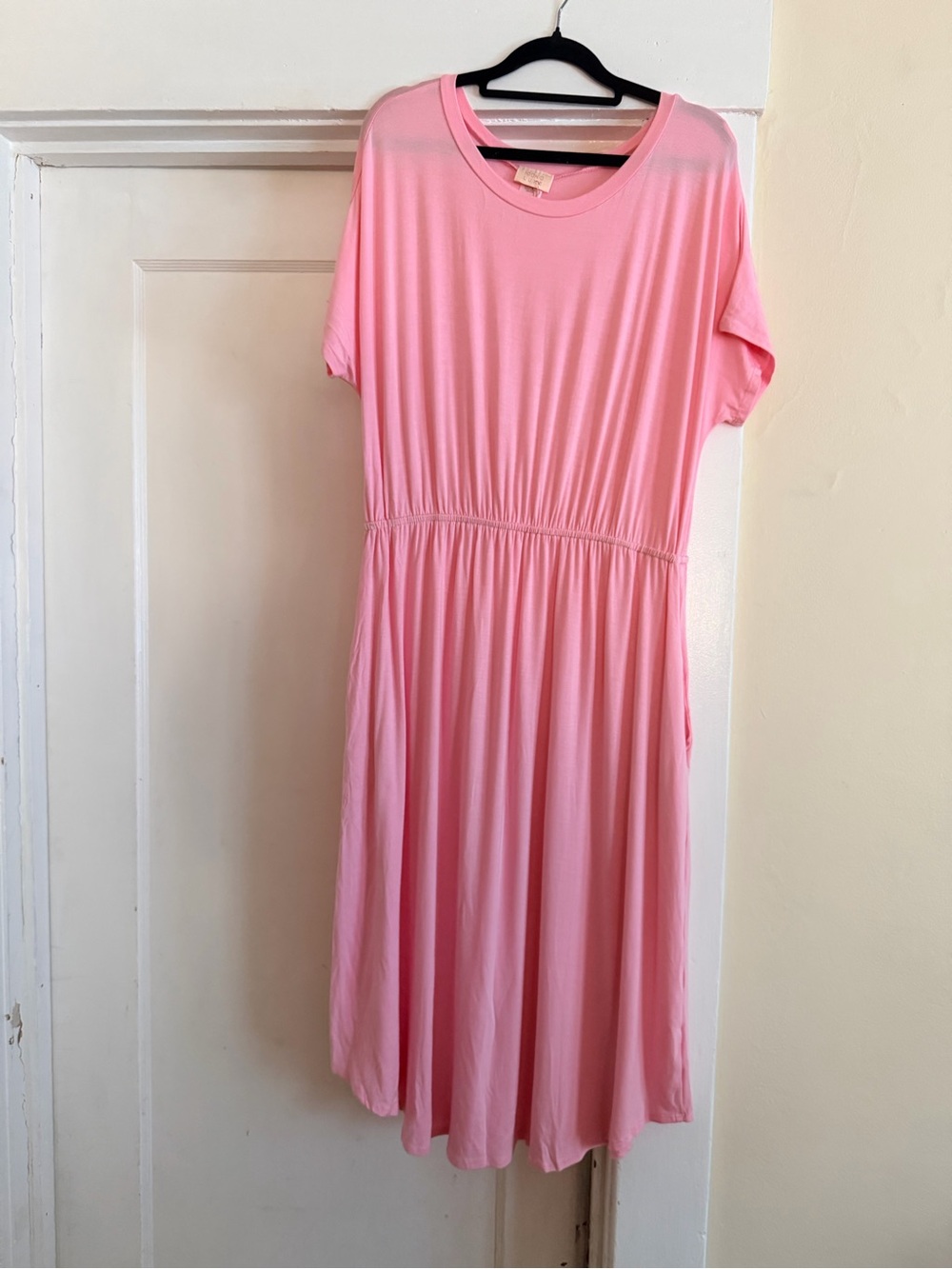 Casual Pink Short-Sleeve Elastic-Waist Women's Dress